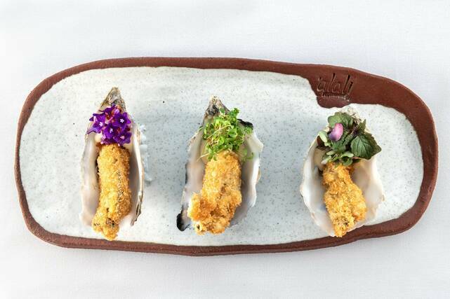 French_oysters_3pcs_fried_ponzu_sauce_kimchi_miso_-_Alali_Restaurant_Santorini